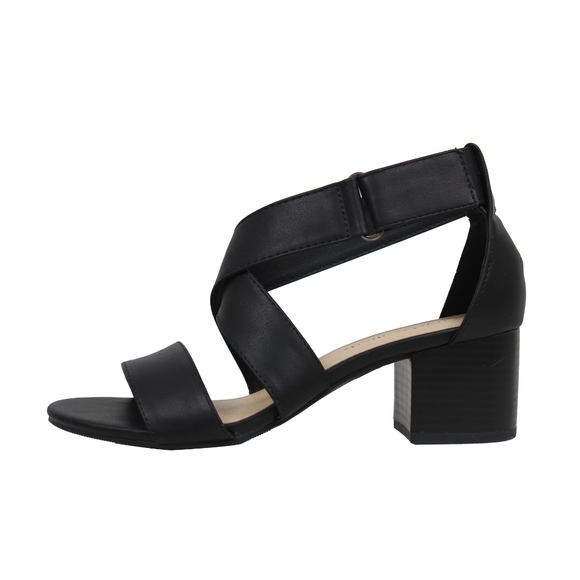 Size 6 Black Open Toe Strappy Mid Stacked  Heel - Picture 3 of 6